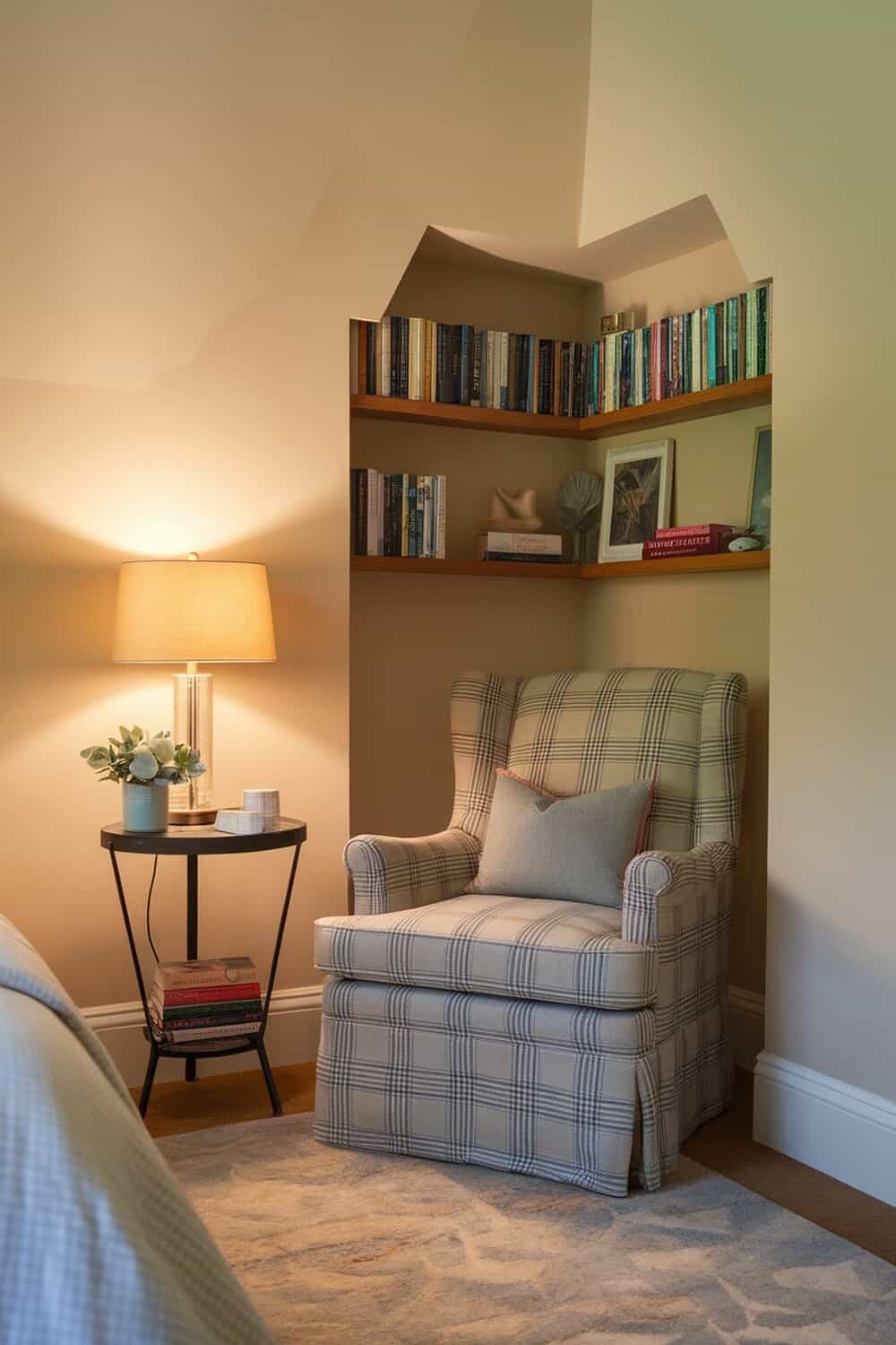 Cozy corner of a small bedroom with a chair, lamp, and shelves filled with books.