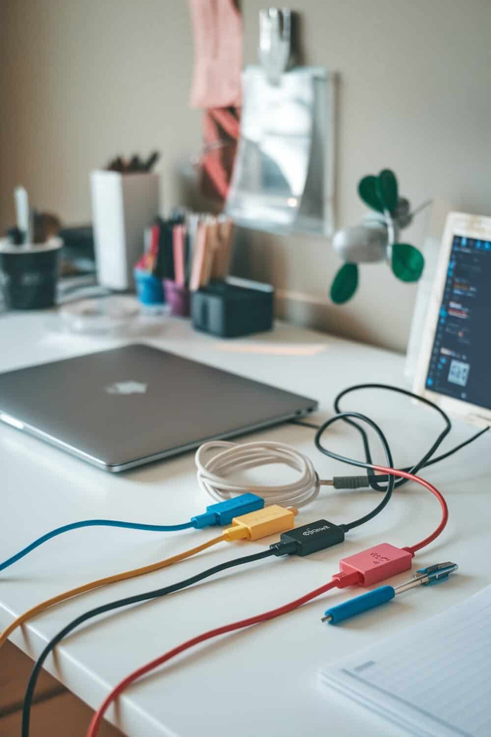 A desk with organized laptop cables, stationery, and a laptop.
