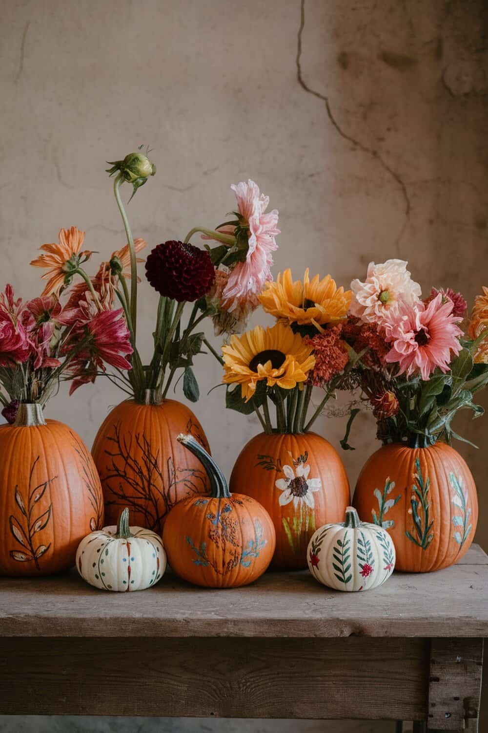 Hand-painted pumpkins with flowers arranged in them on a wooden table.
