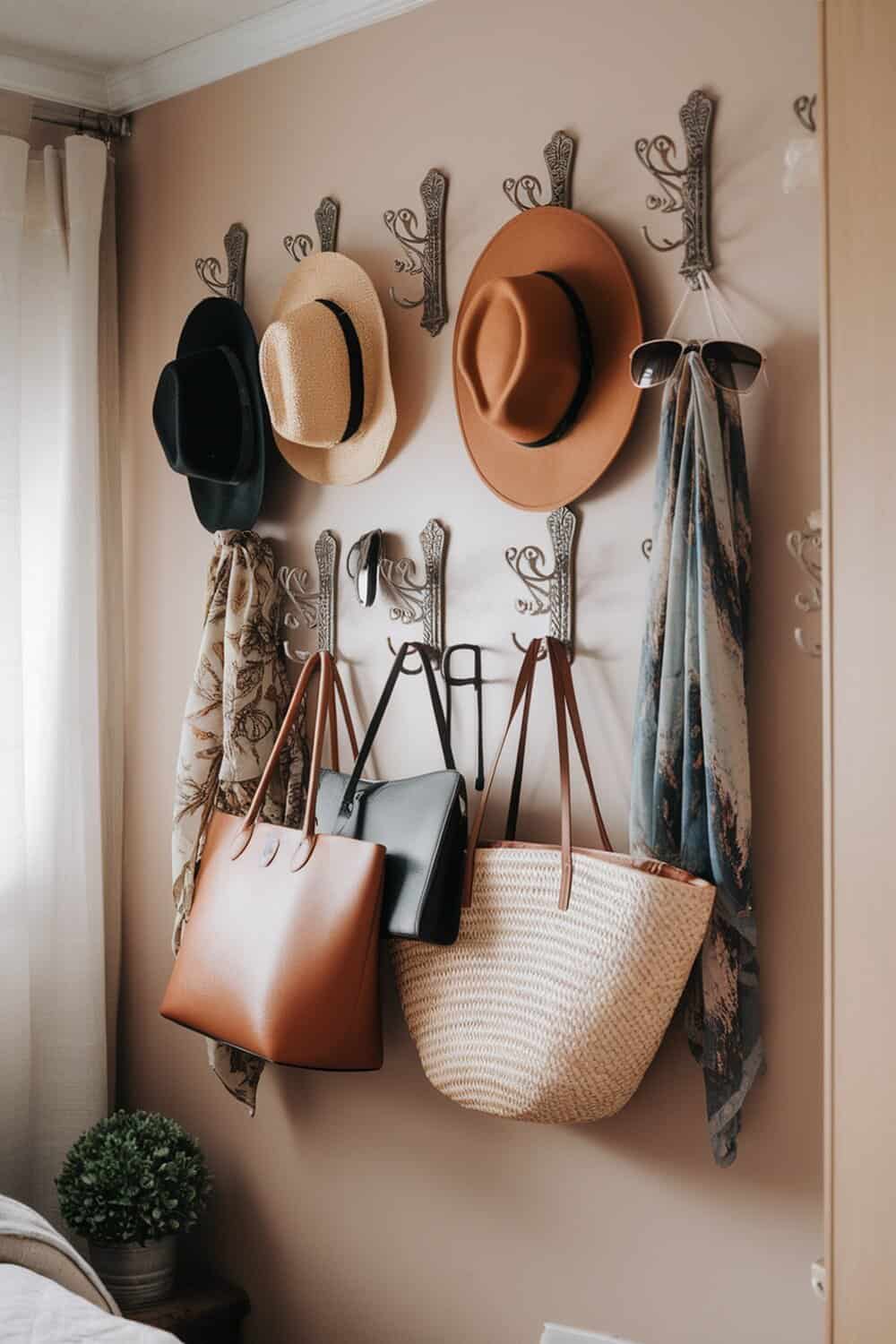 A wall with decorative hooks displaying hats, bags, and scarves.