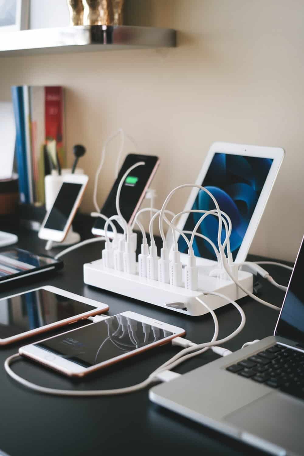 A mobile charging station with multiple devices connected, including phones and a laptop, on a desk.