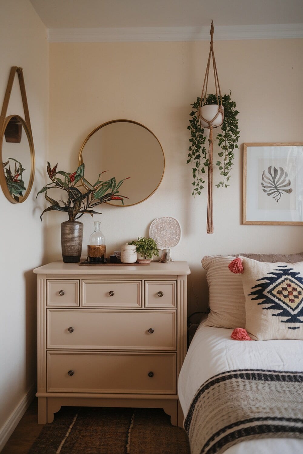 A compact dresser in a small bedroom with decorative items on top.