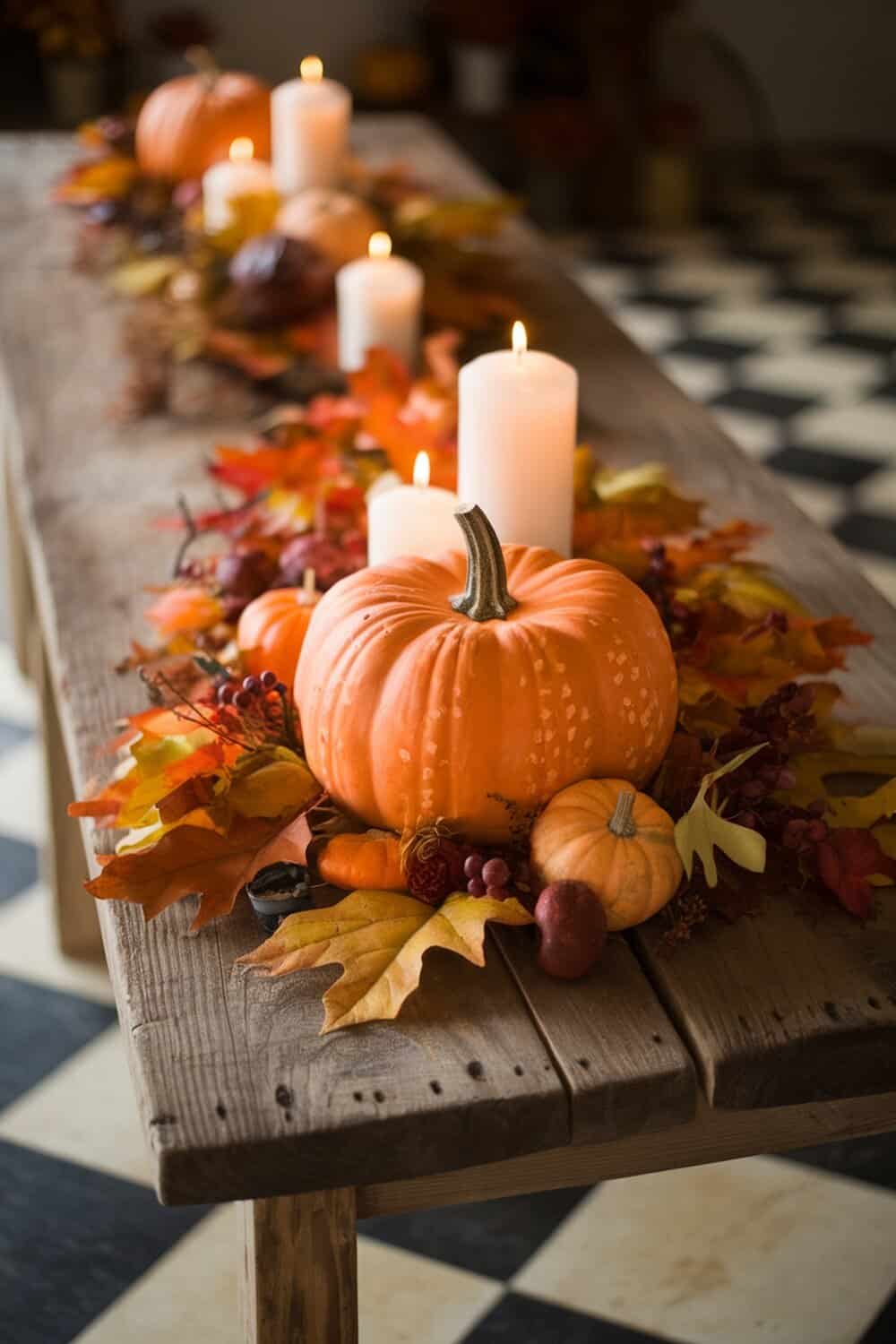 A rustic wooden table adorned with pumpkins, autumn leaves, and candles, creating a cozy fall centerpiece.