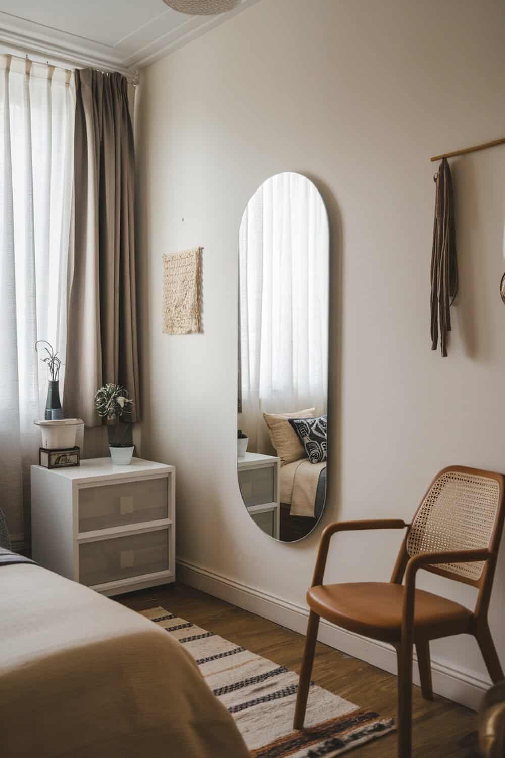 A cozy bedroom featuring a large mirror, a small nightstand, and a comfortable chair.