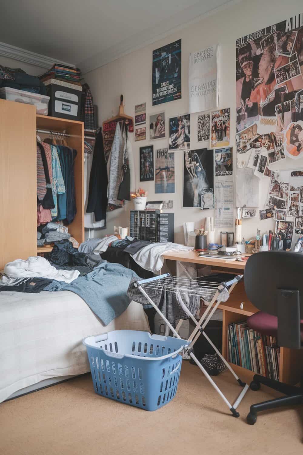 A cluttered bedroom with clothes on the bed and a laundry basket.