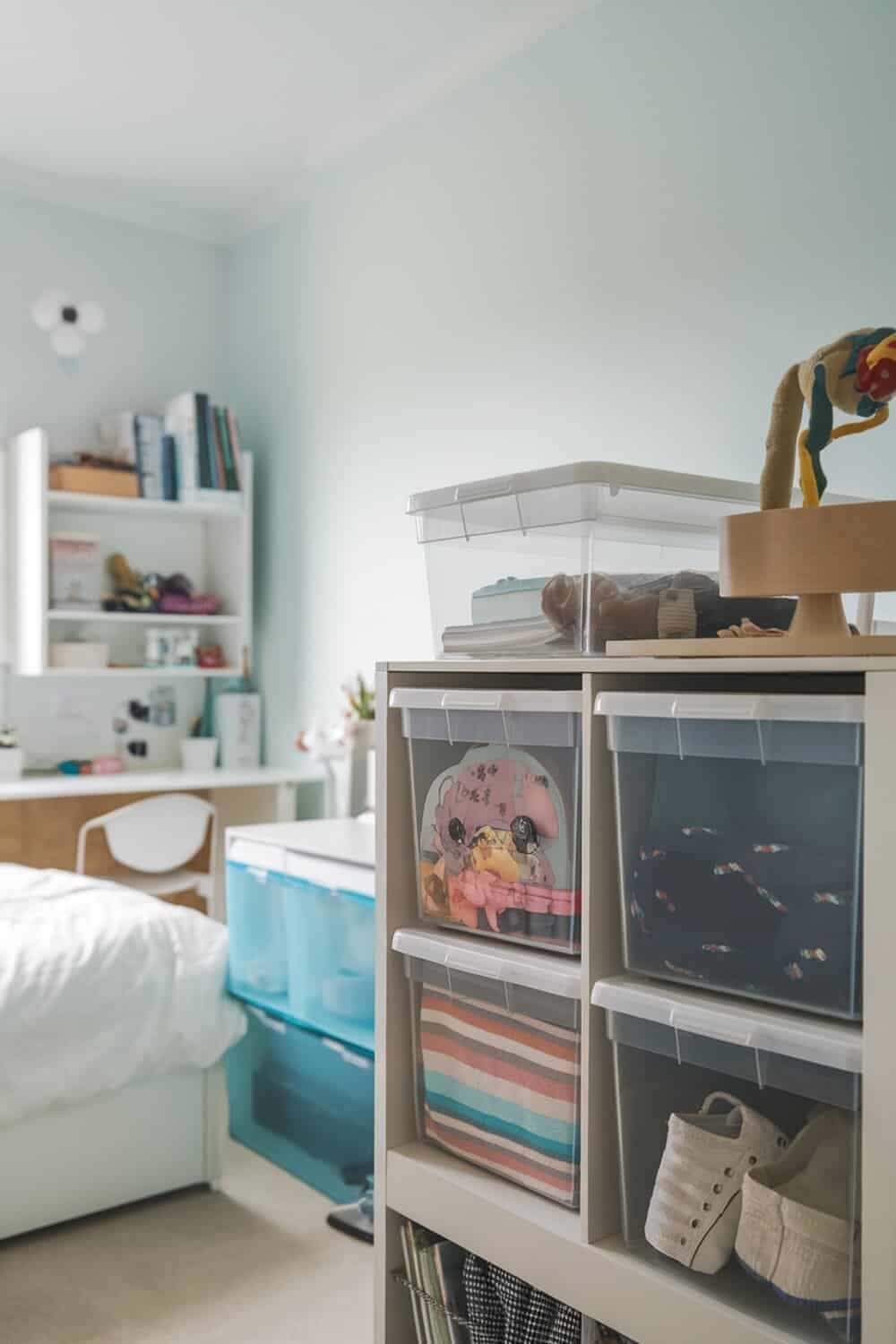 A well-organized small bedroom with clear storage containers on a shelf.
