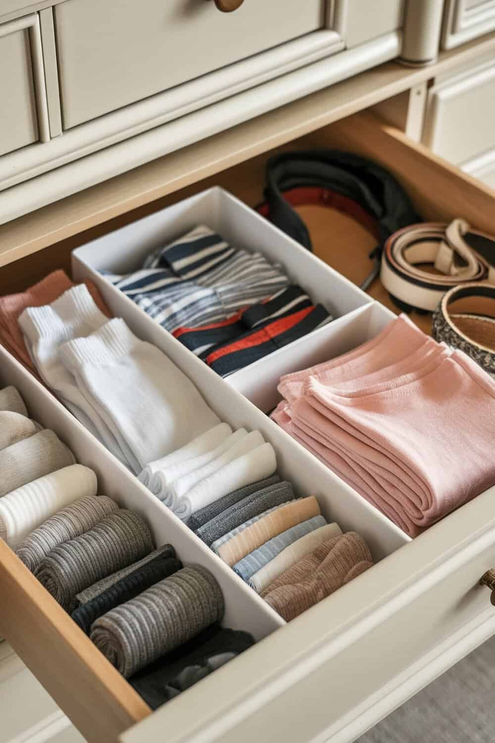 Organized drawer with dividers holding neatly folded socks and accessories.