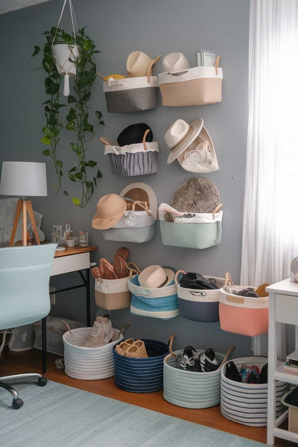 A well-organized bedroom with various baskets on the wall and floor, showcasing a neat and stylish storage solution.