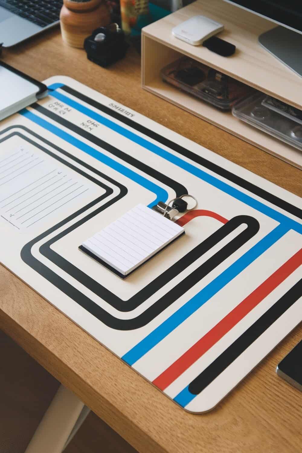 A personalized desk mat with organized stationery and a laptop on a wooden desk.