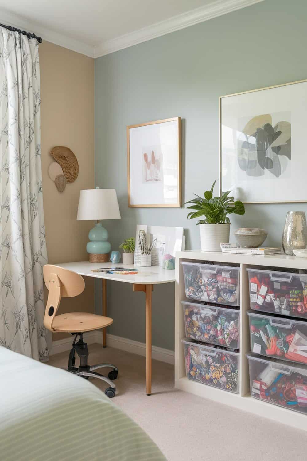 A small bedroom corner with a desk, lamp, and organized craft supplies in clear bins.