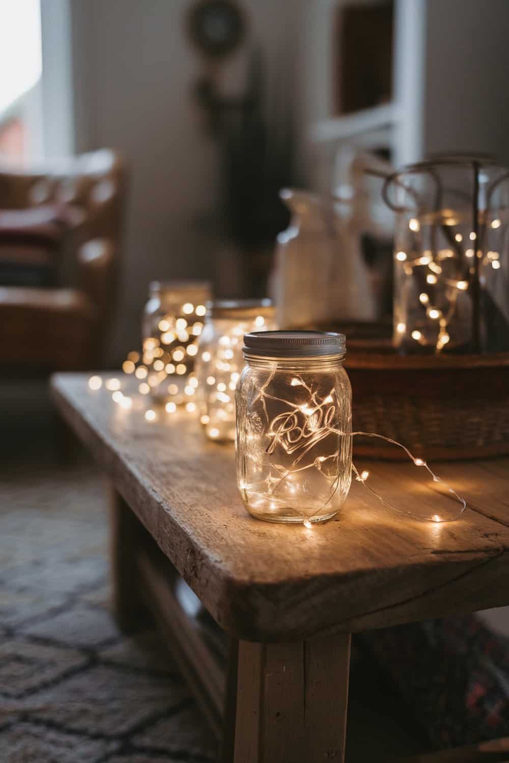 Mason jars filled with fairy lights on a wooden table