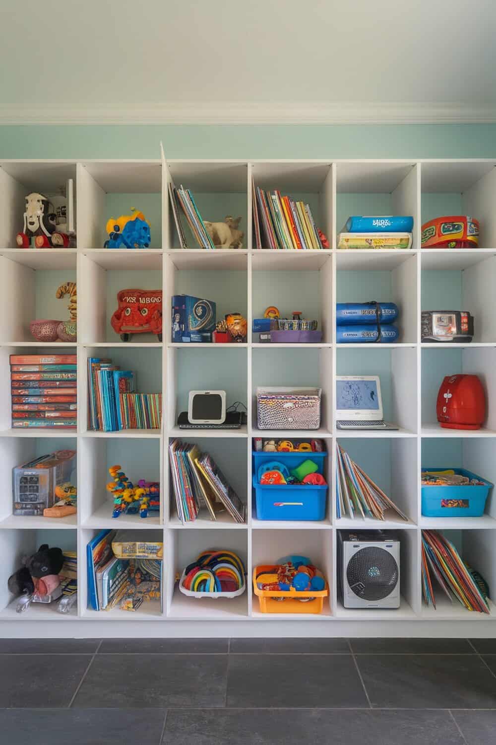 An organized entertainment center with cubbies holding toys, books, and gadgets.