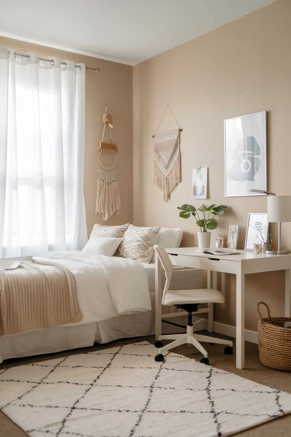 A cozy minimalist bedroom with a bed, desk, and decorative elements.