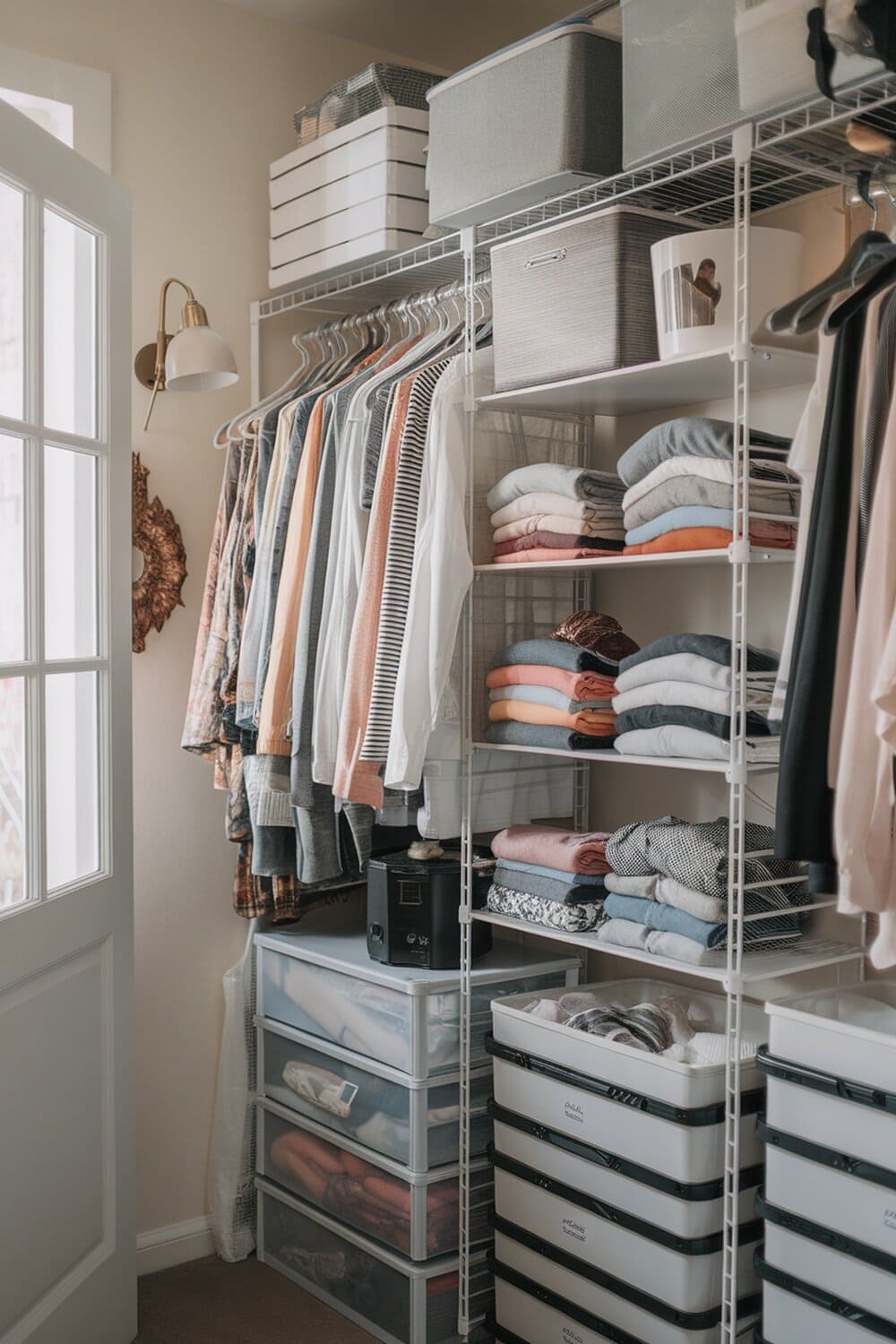 Organized dorm closet with shelves, bins, and neatly folded clothes.