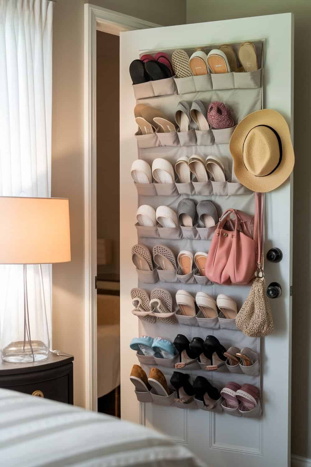 A door with a hanging shoe organizer filled with various shoes and accessories.
