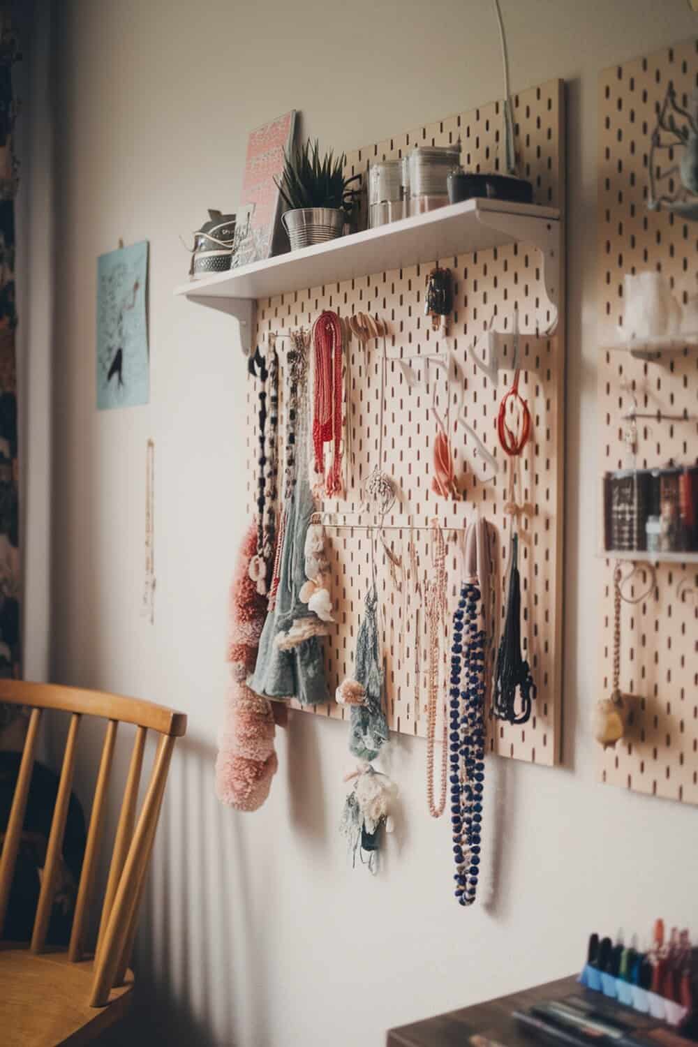 A pegboard with various items organized, including jewelry and art supplies.