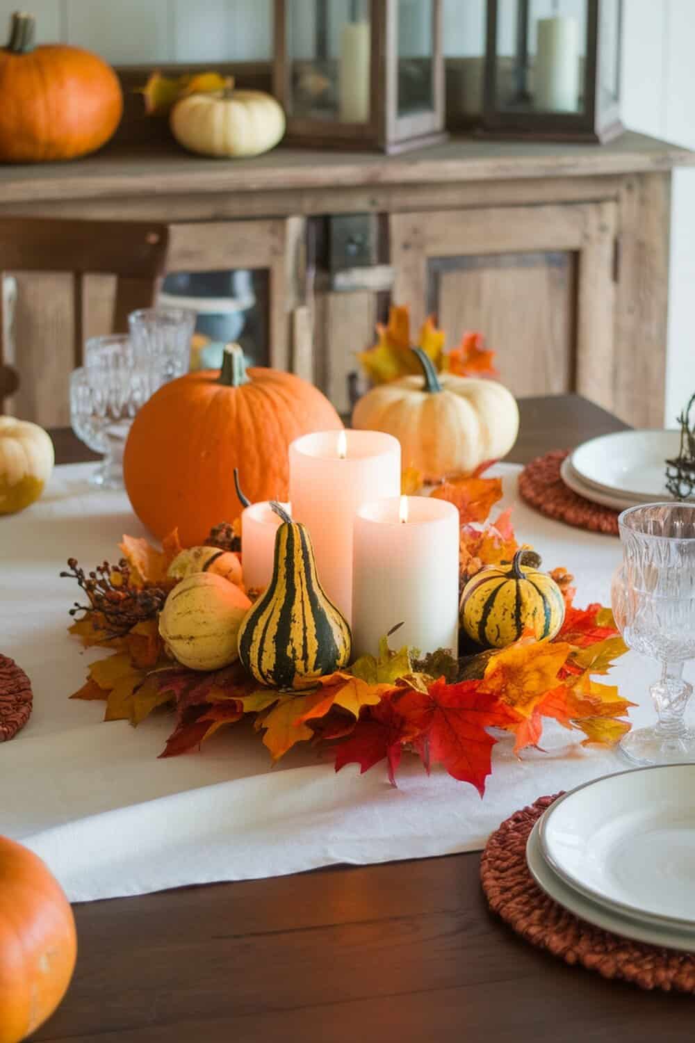 A cozy fall table centerpiece featuring pumpkins, candles, and colorful leaves.