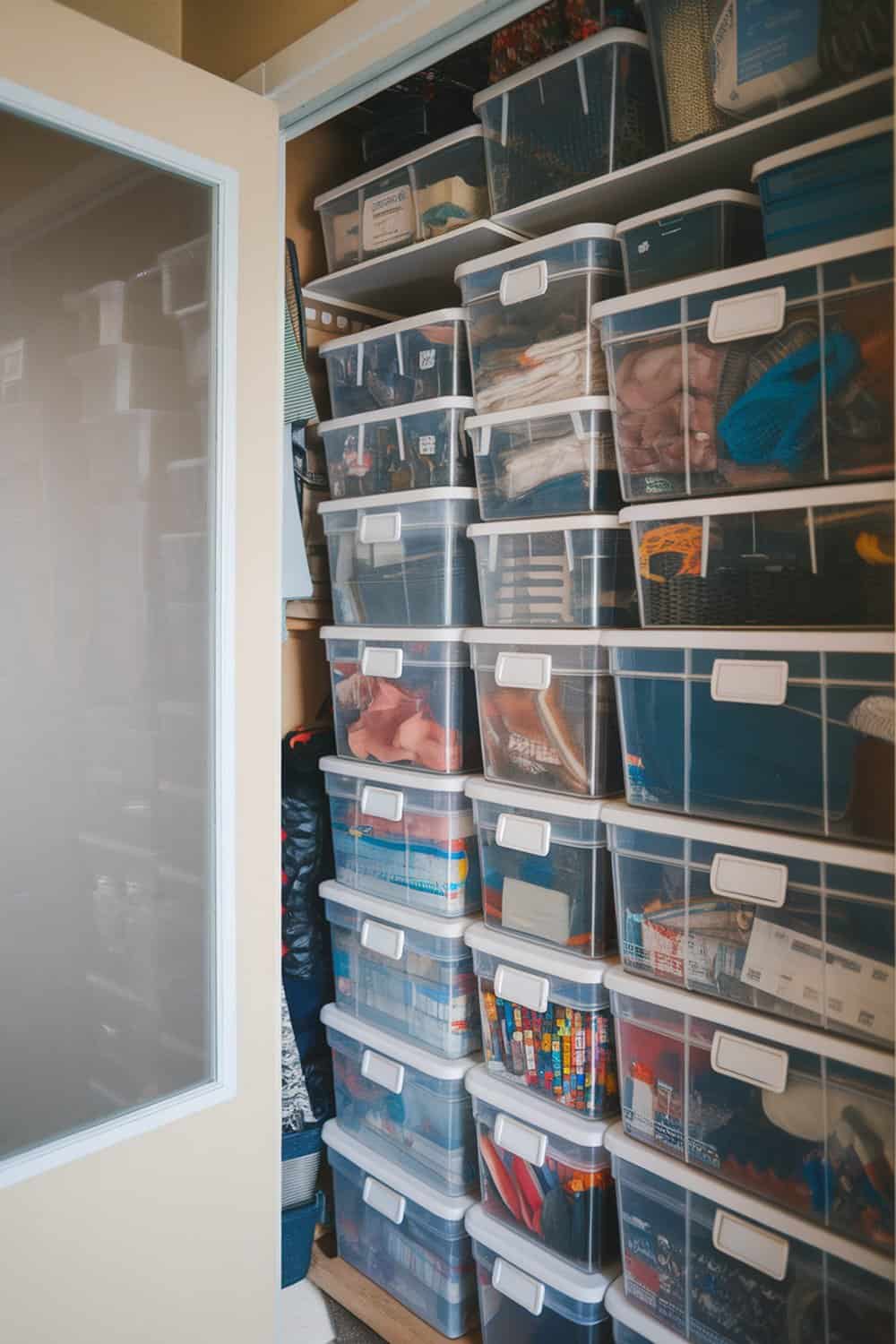 A well-organized dorm closet featuring clear containers stacked on shelves.