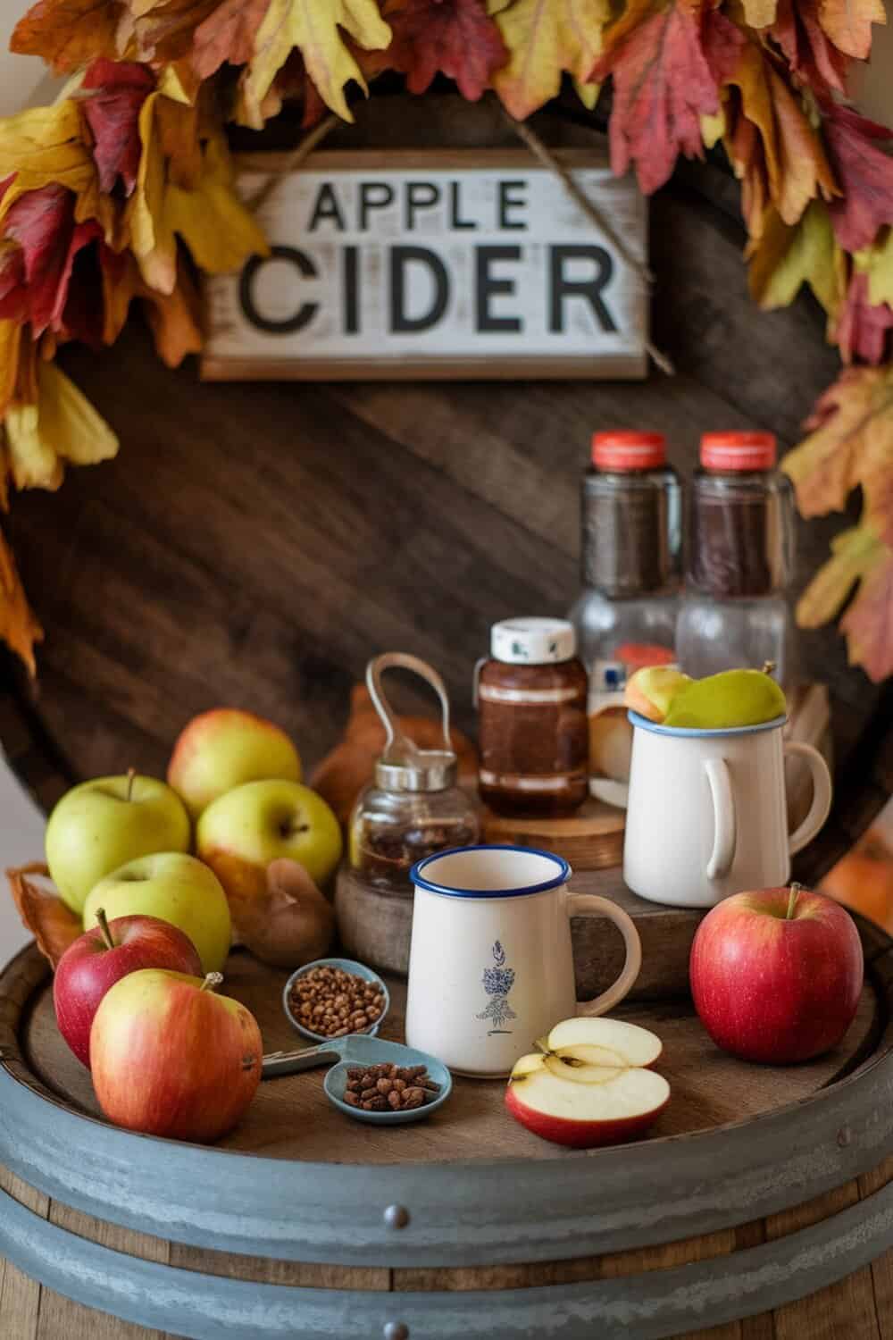 A cozy apple cider bar setup featuring fresh apples, spices, and mugs in a rustic wooden barrel.