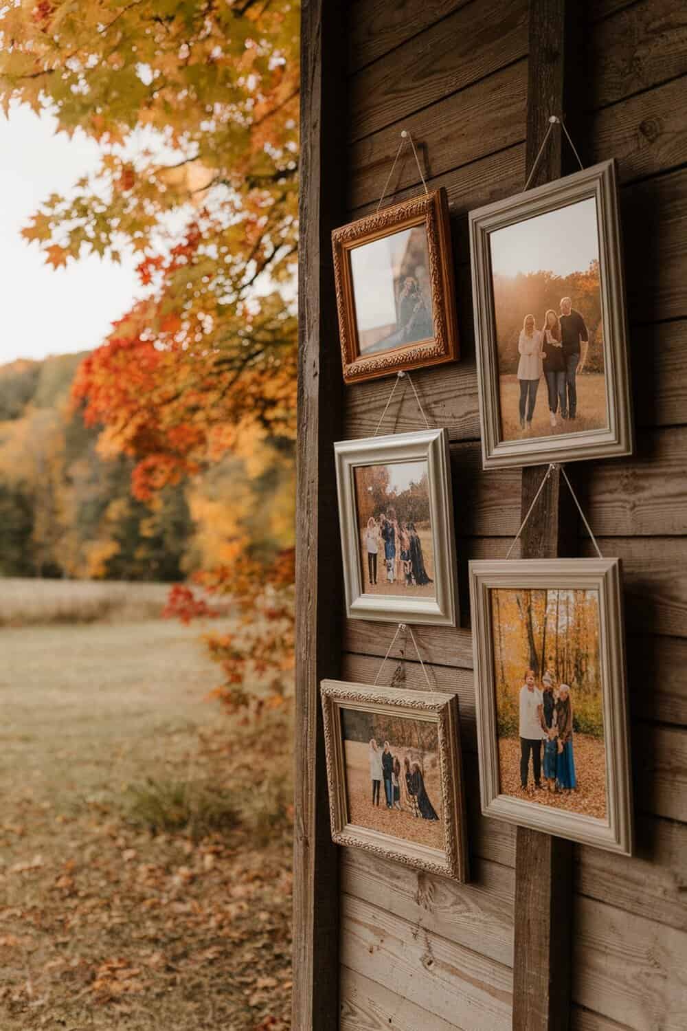 Rustic picture frames hanging on a wooden wall, surrounded by fall foliage.