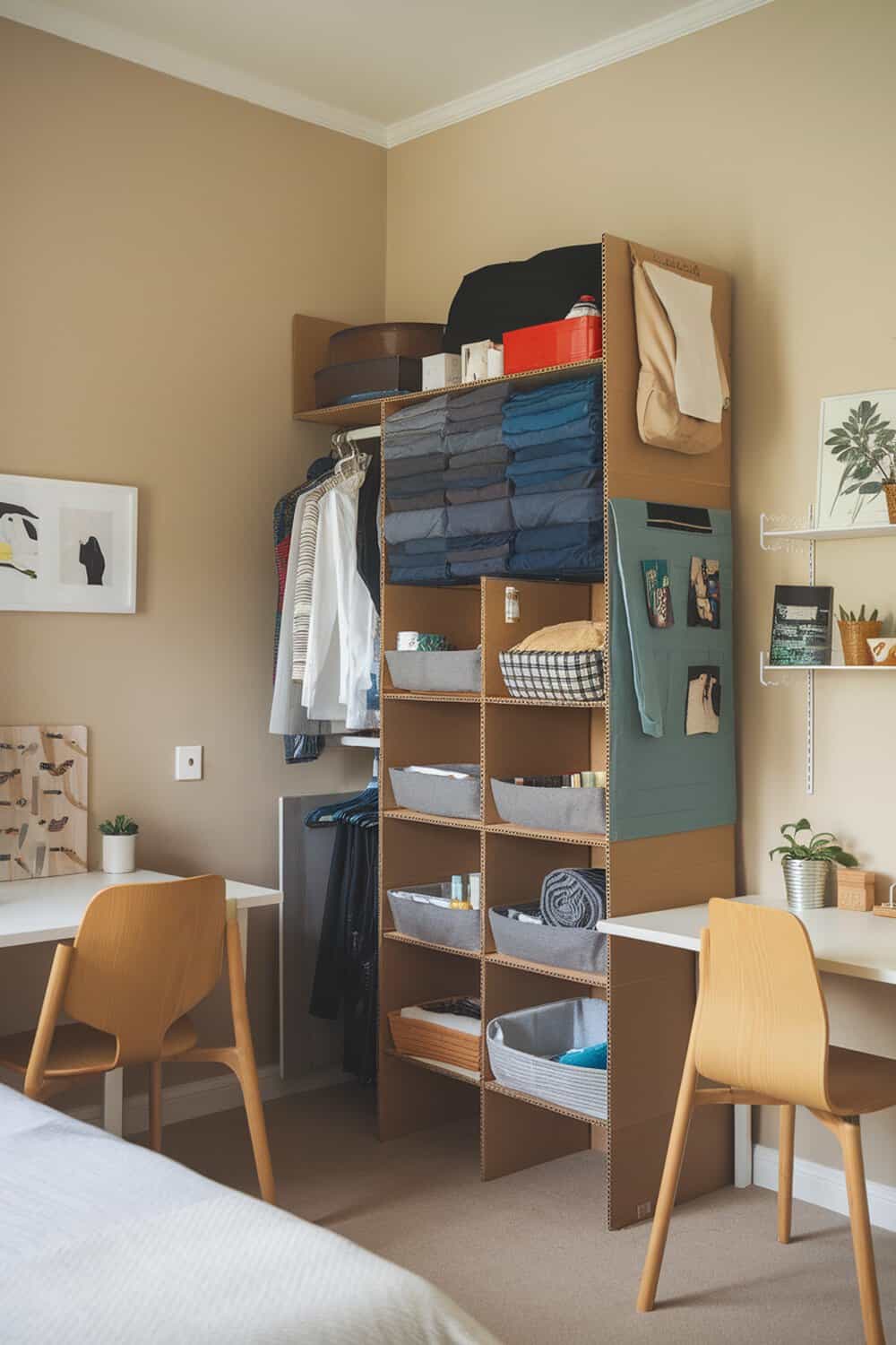 A well-organized closet with cardboard shelves, neatly folded clothes, and storage bins.