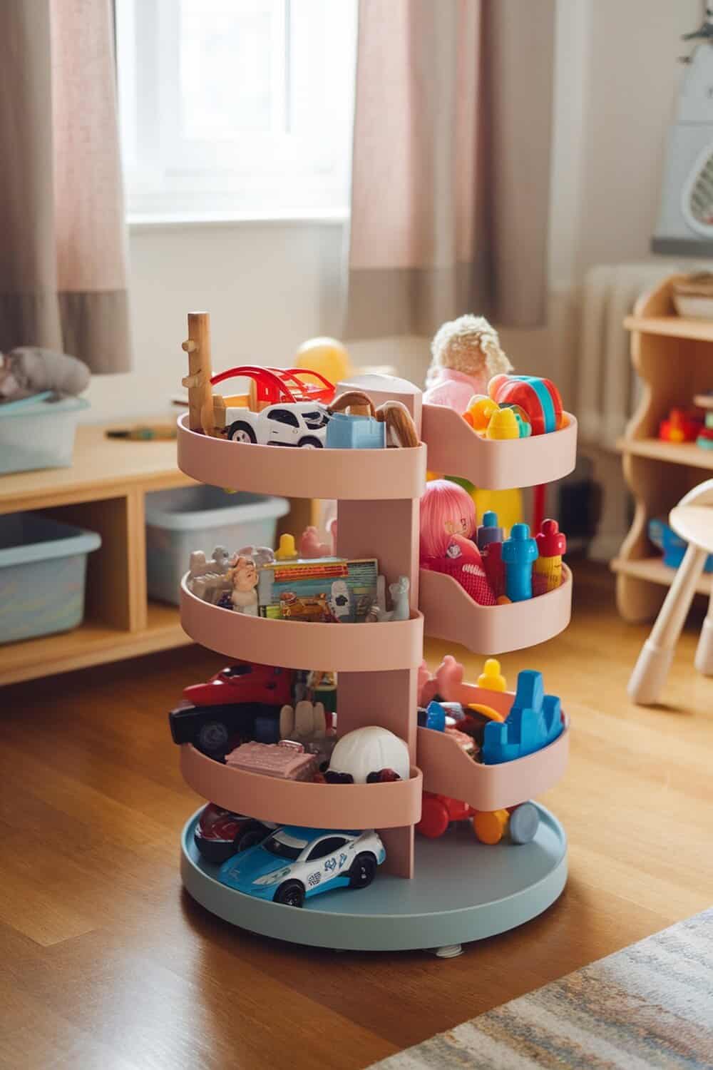 A colorful rotating toy organizer filled with various children's toys.