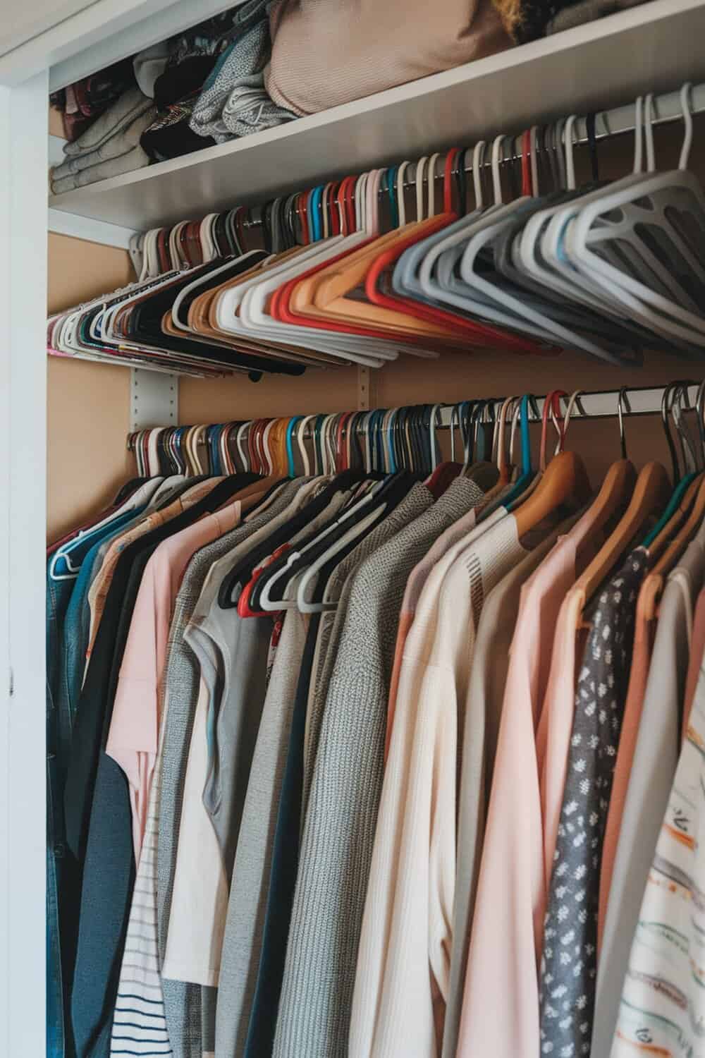A well-organized dorm closet with various types of hangers and neatly arranged clothes.