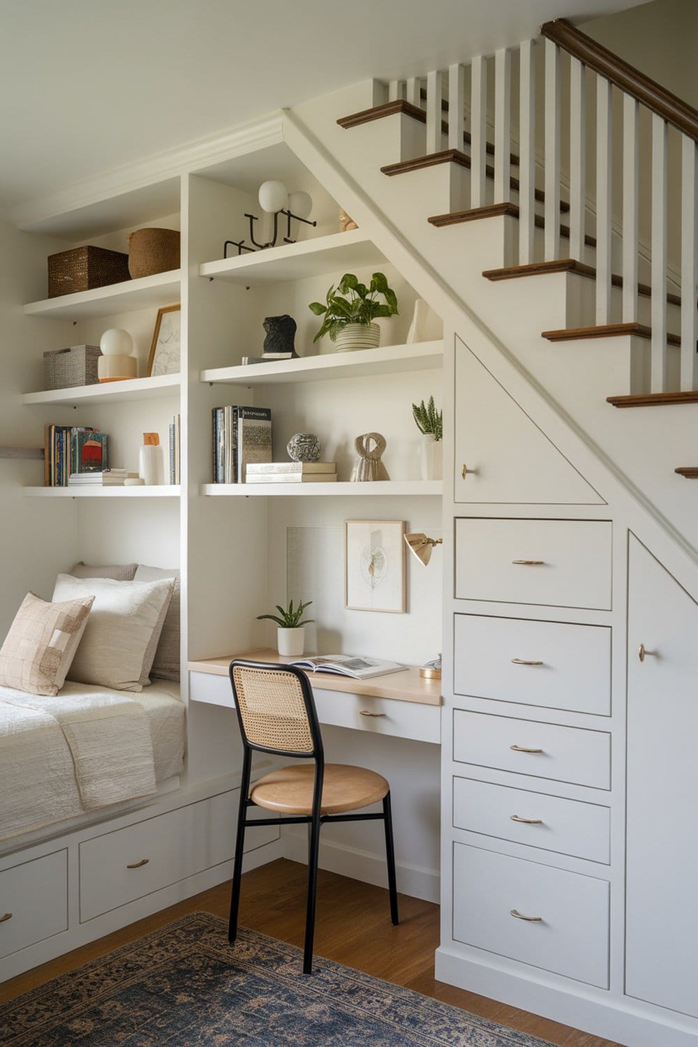 Cozy under-stair storage with shelves and a desk in a small bedroom.