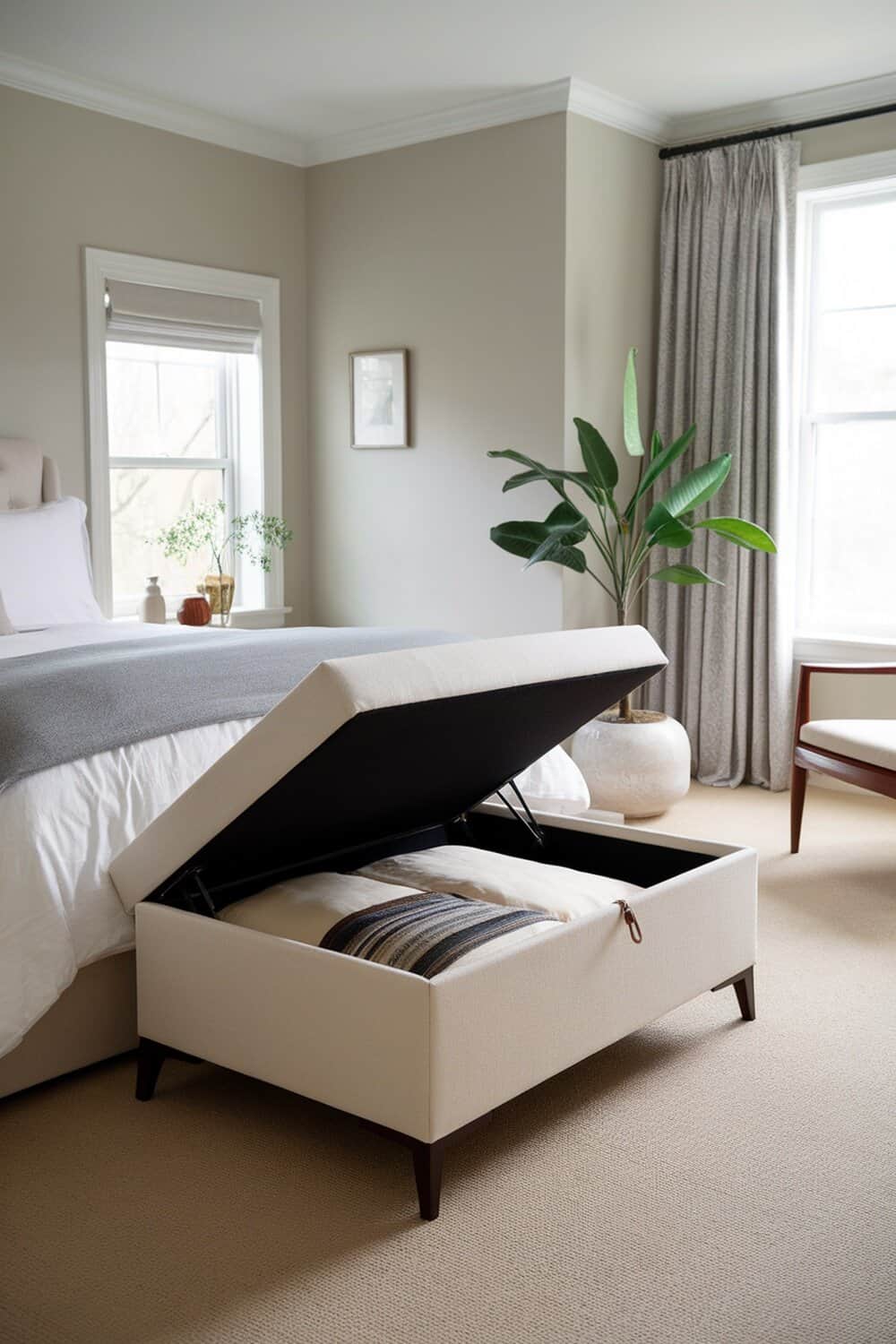 A stylish storage ottoman in a small bedroom, with the lid open revealing stored items.