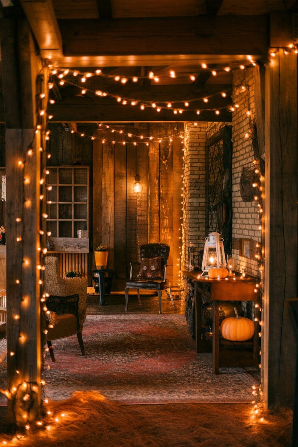 A cozy interior space decorated with warm string lights.