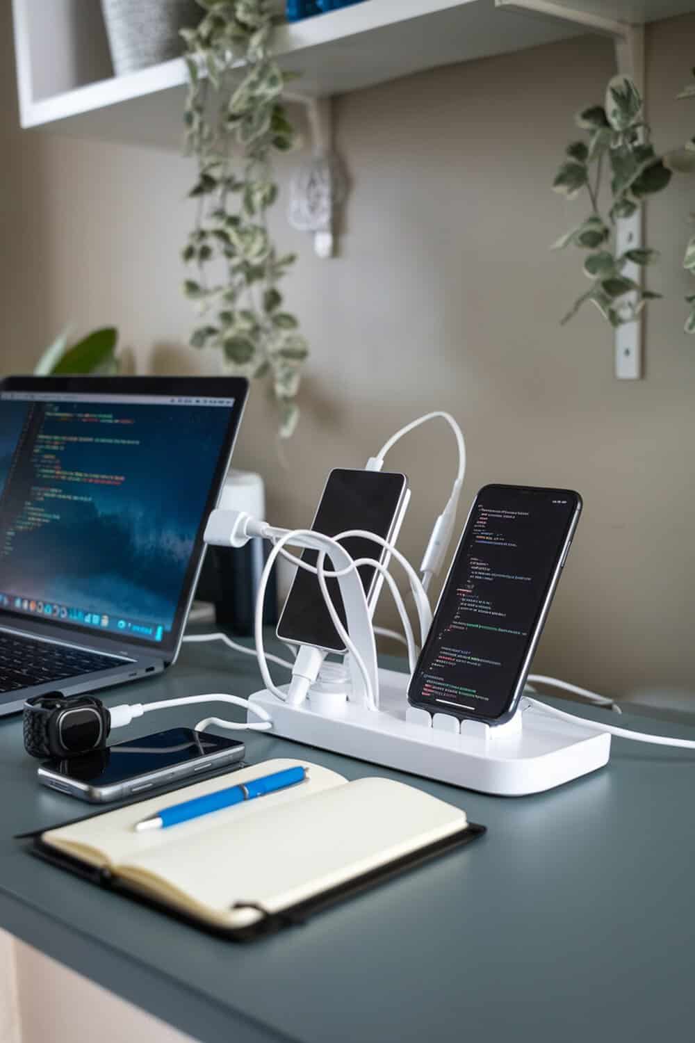 A neatly organized charging station with multiple devices and a laptop on a desk.