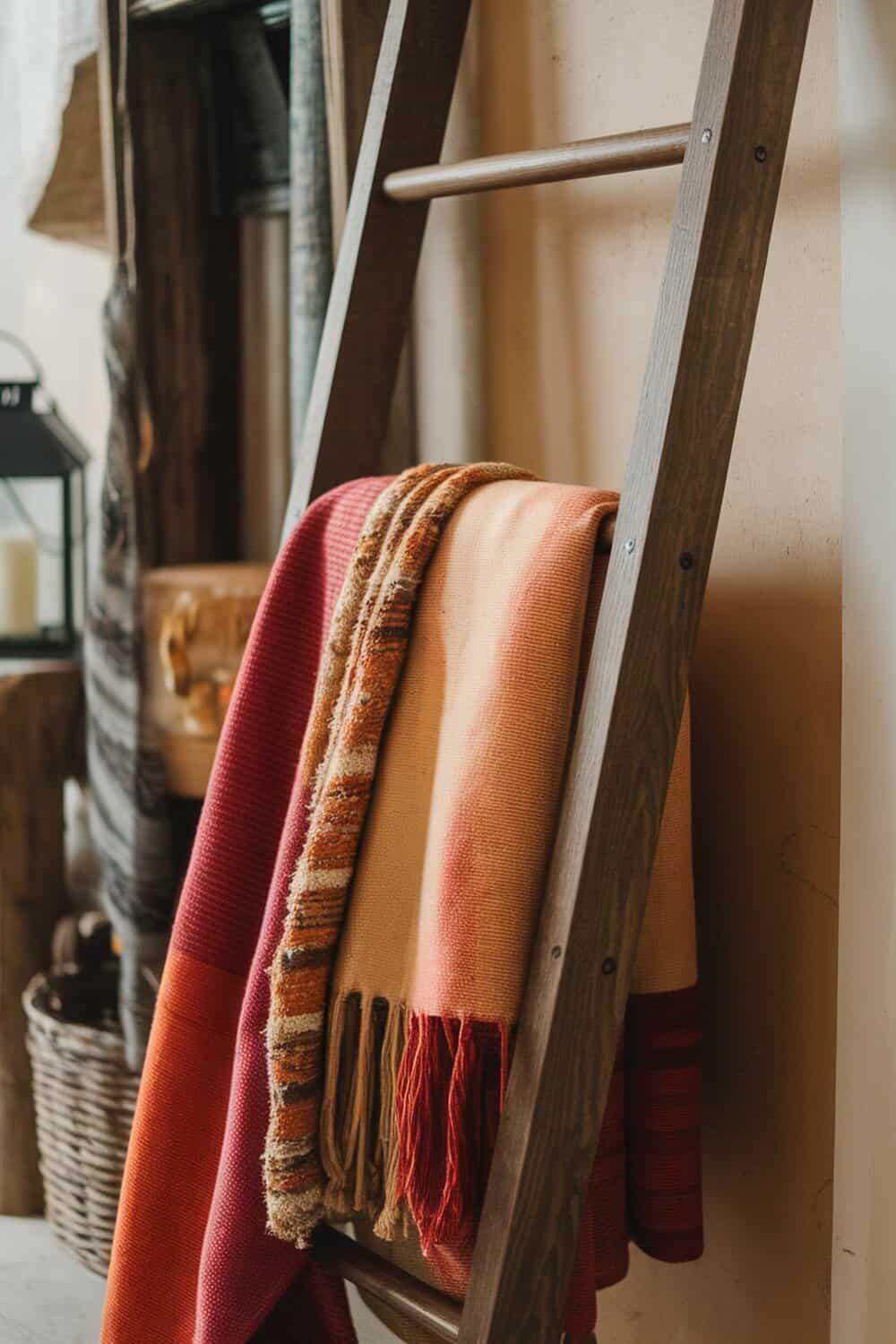A cozy blanket ladder displaying warm-colored throws.