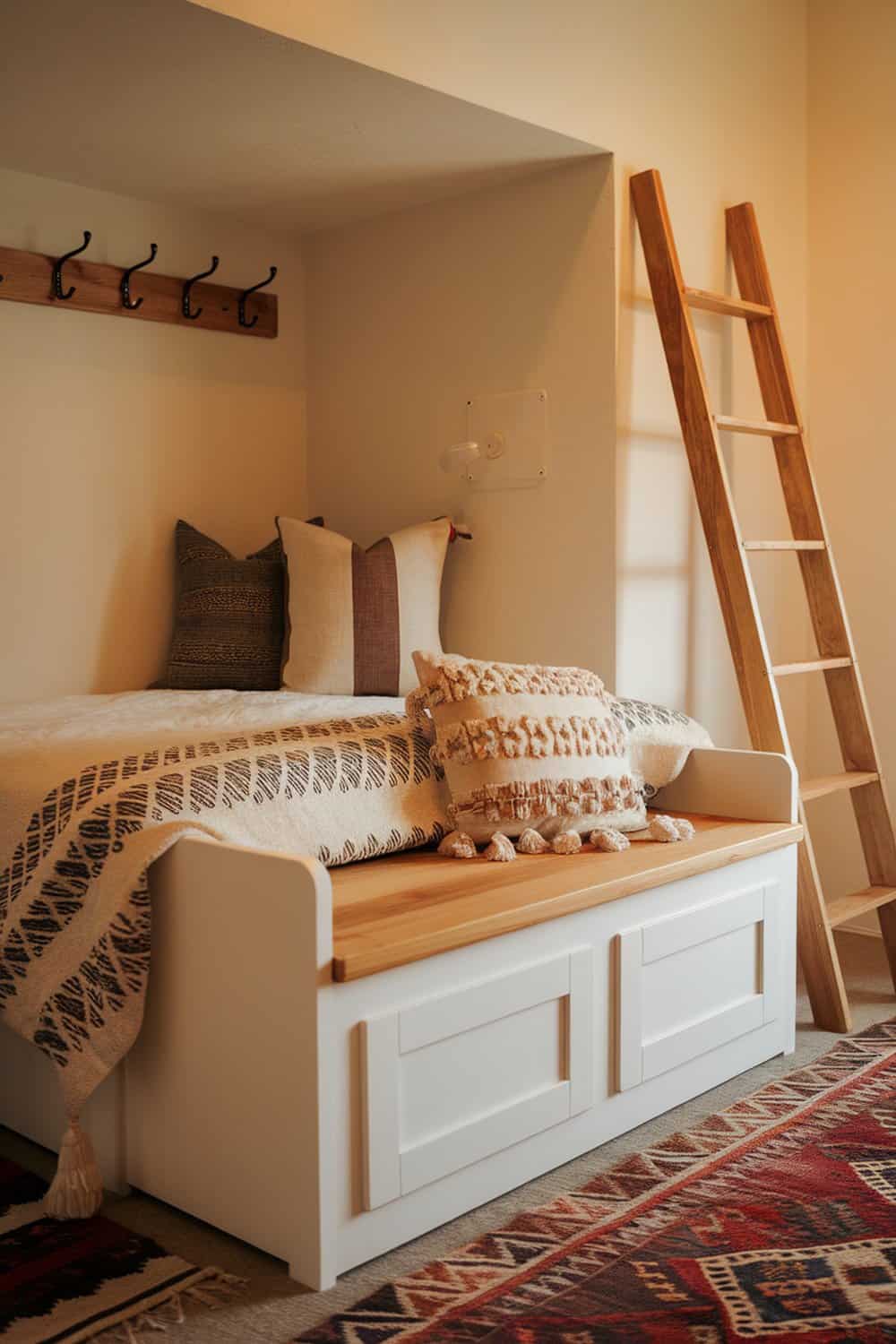 A cozy small bedroom featuring a bed with hidden storage underneath and decorative pillows.
