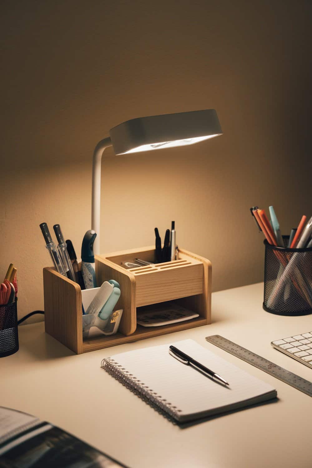 A desk lamp with built-in storage for pens and stationery, illuminating a tidy workspace.