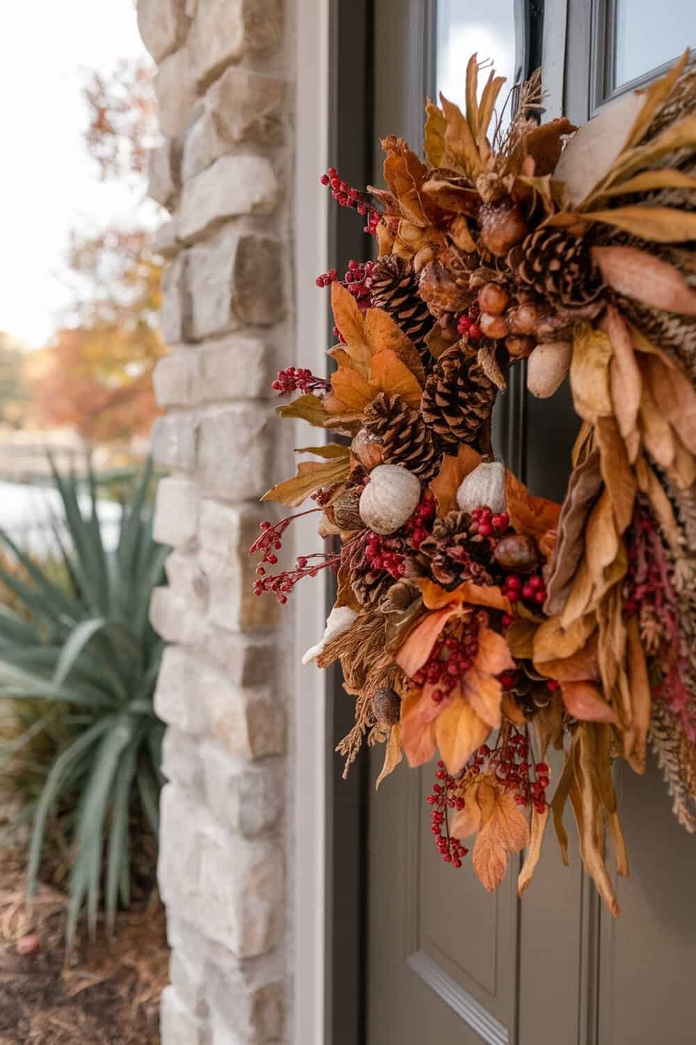 A beautiful autumn wreath made with pinecones, dried leaves, and red berries, hanging on a door.