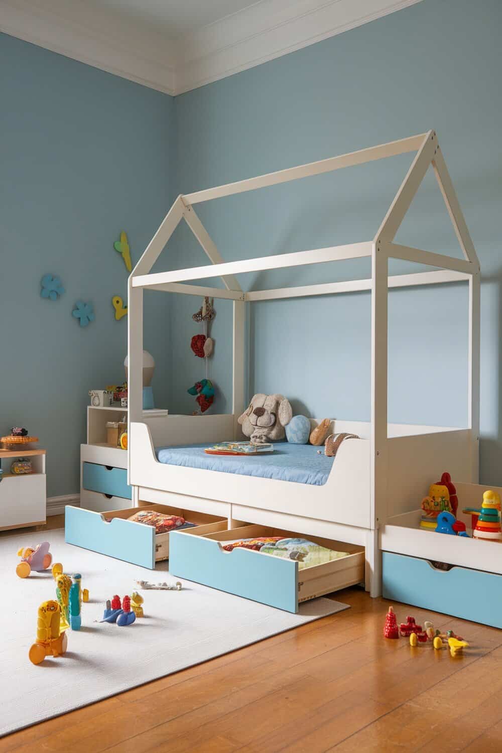 A children's bedroom featuring a house-shaped bed with storage drawers and colorful toys scattered on the floor.