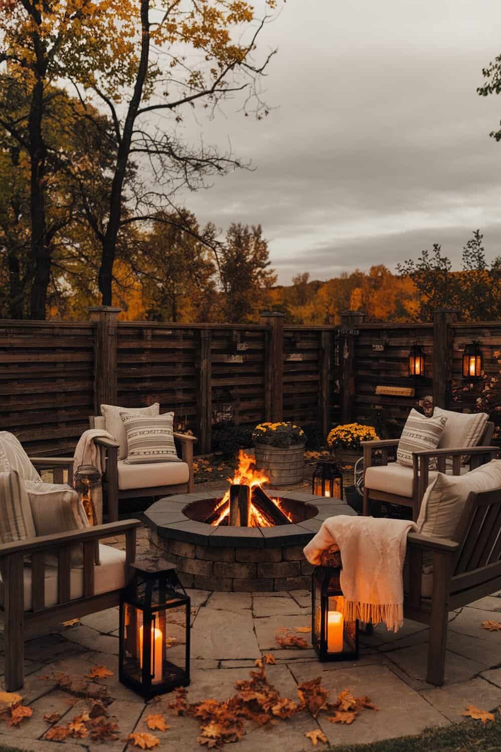 Cozy fire pit area with chairs, blankets, and lanterns surrounded by autumn leaves.