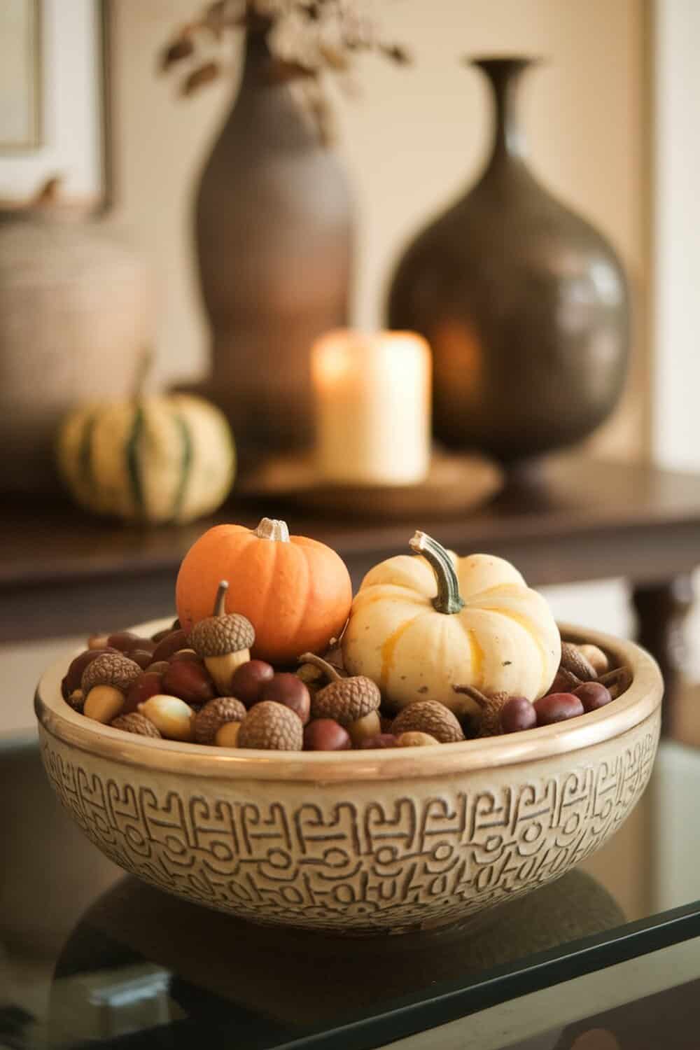 A decorative bowl filled with acorns and mini pumpkins, creating a cozy fall decor.