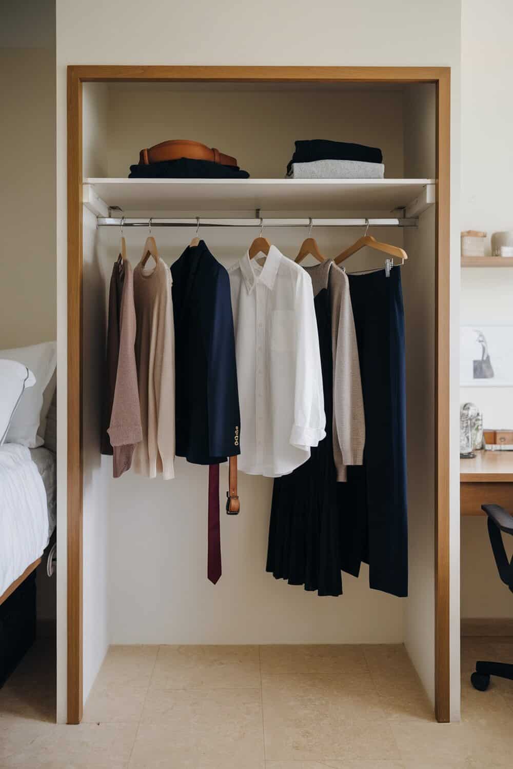 Organized dorm closet with a capsule wardrobe featuring shirts, pants, and accessories.