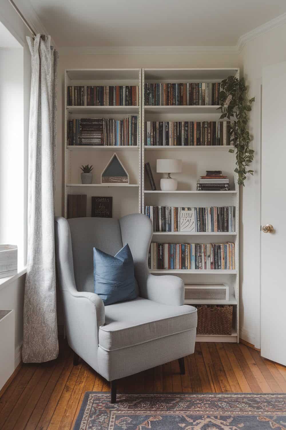 A cozy reading nook with a gray chair, bookshelf filled with books, and decorative items.