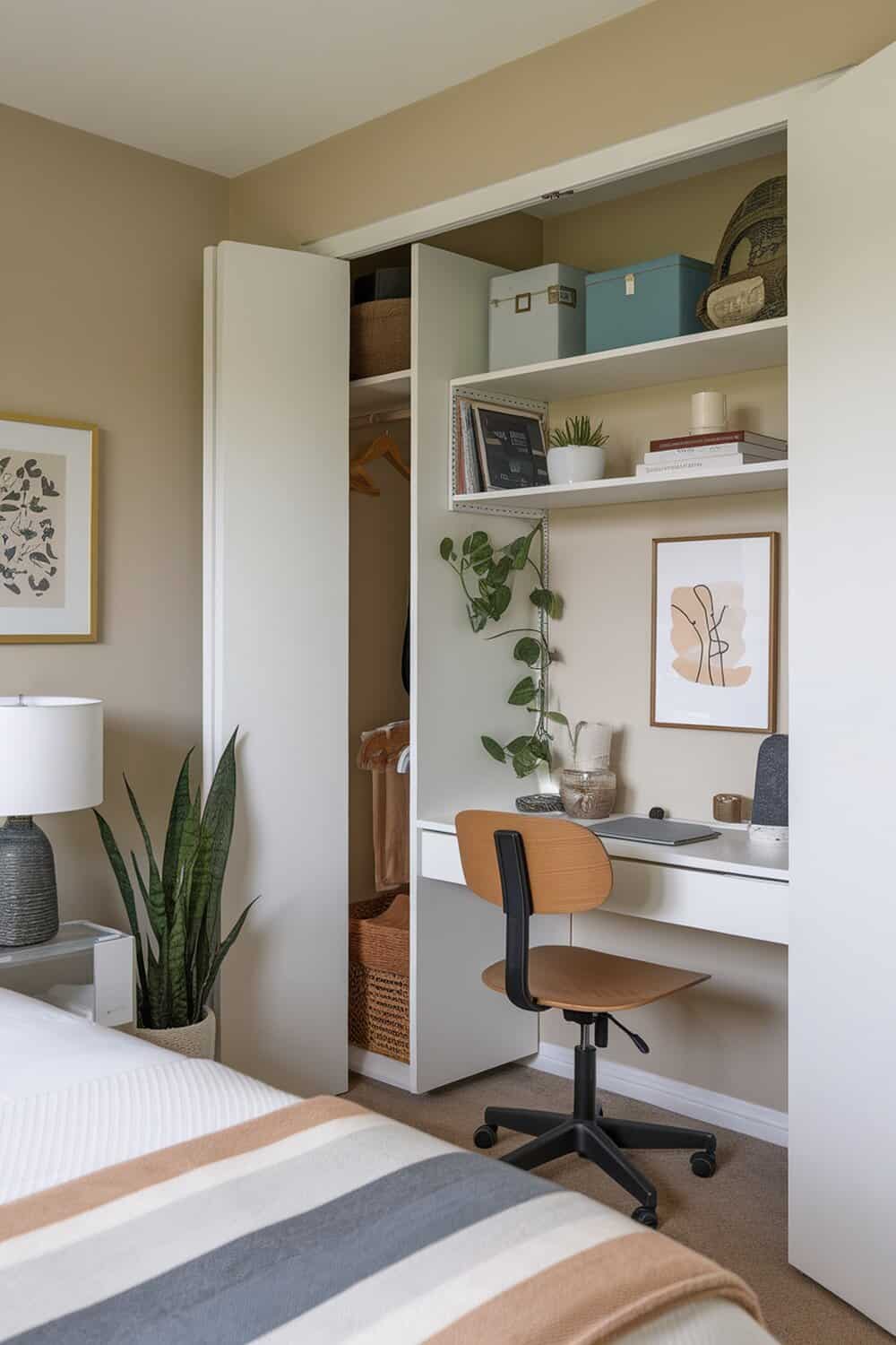A small bedroom closet transformed into a workspace with shelves, a desk, and plants.