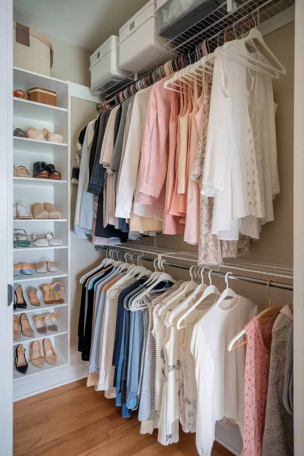 Organized closet with clothes on hangers and shoes on shelves.