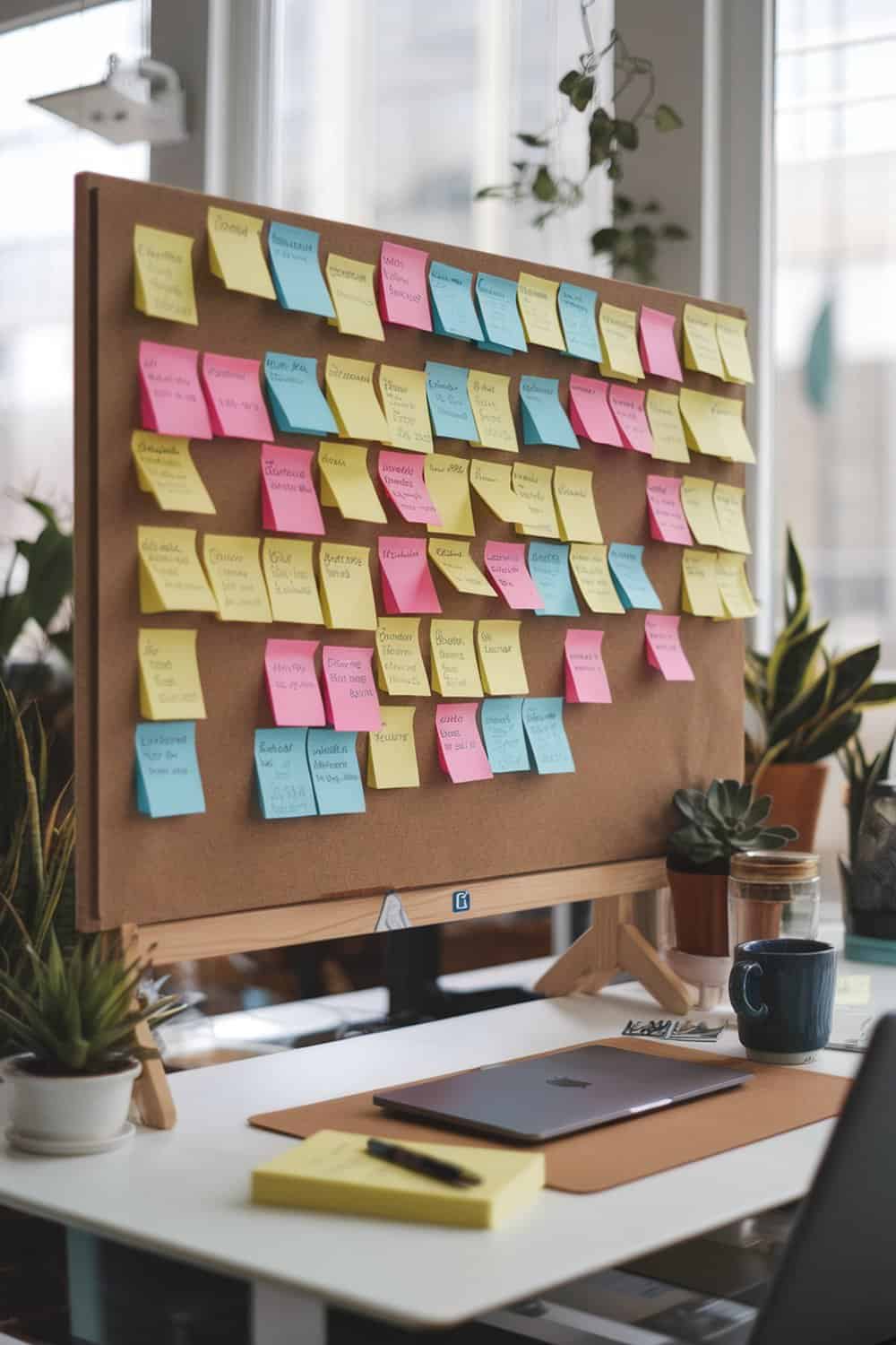 A cork board filled with colorful sticky notes, showcasing a variety of reminders and notes.