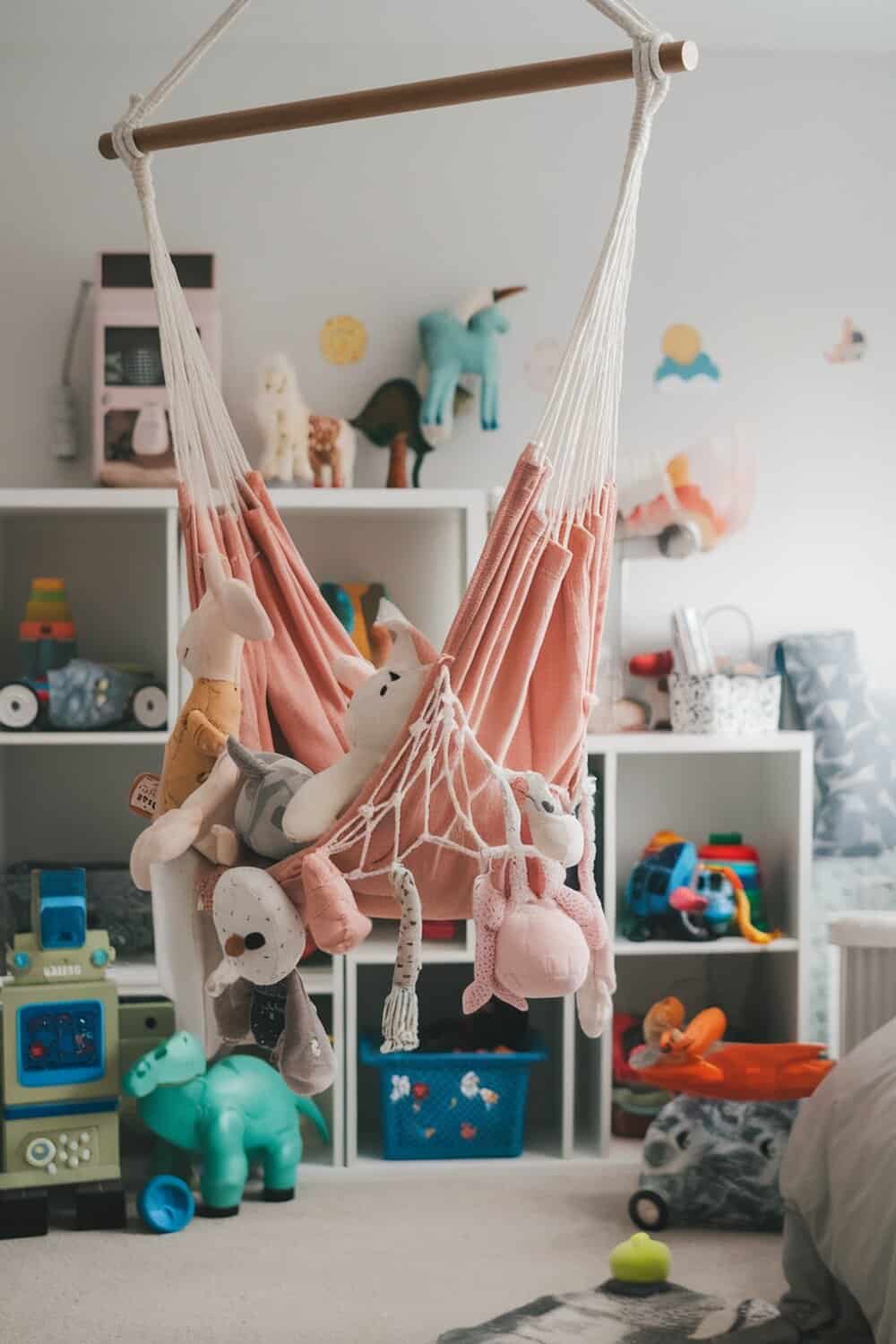 A DIY toy hammock filled with stuffed animals in a colorful kids' bedroom.