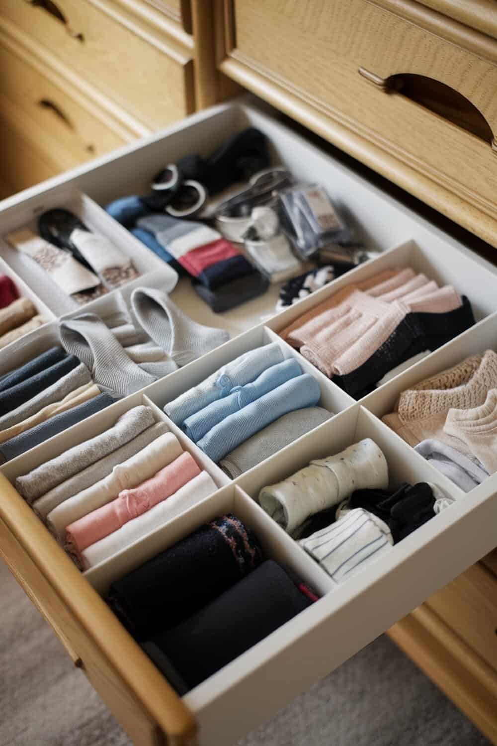A neatly organized drawer with dividers holding various small items like socks and accessories.