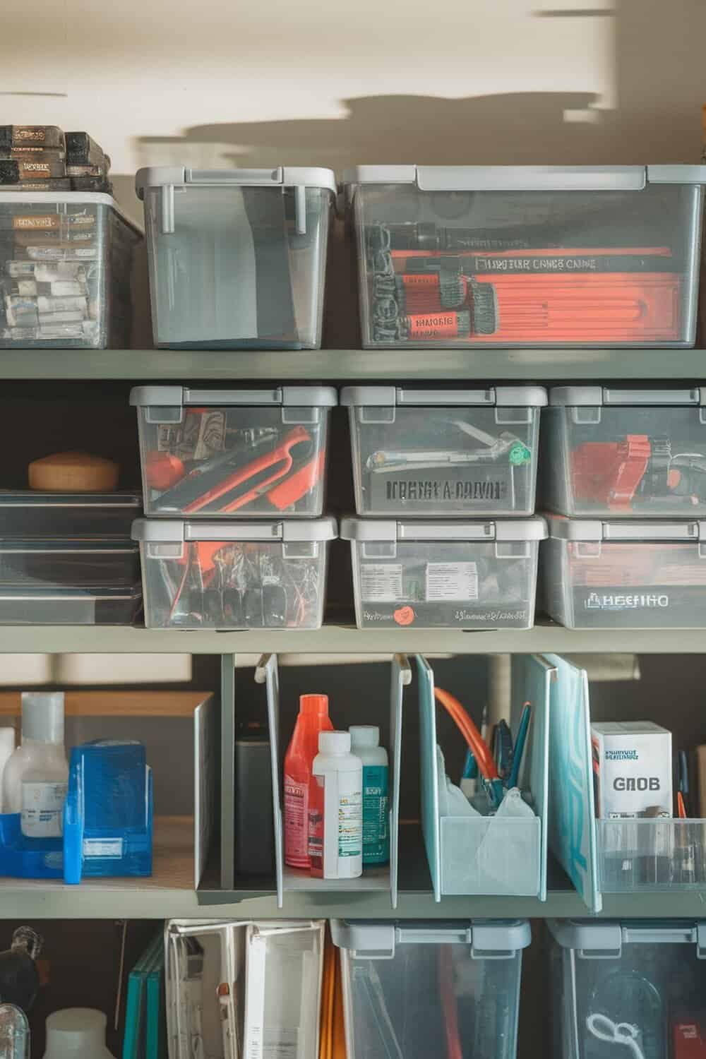 Clear storage containers on a shelf, organized for easy visibility.