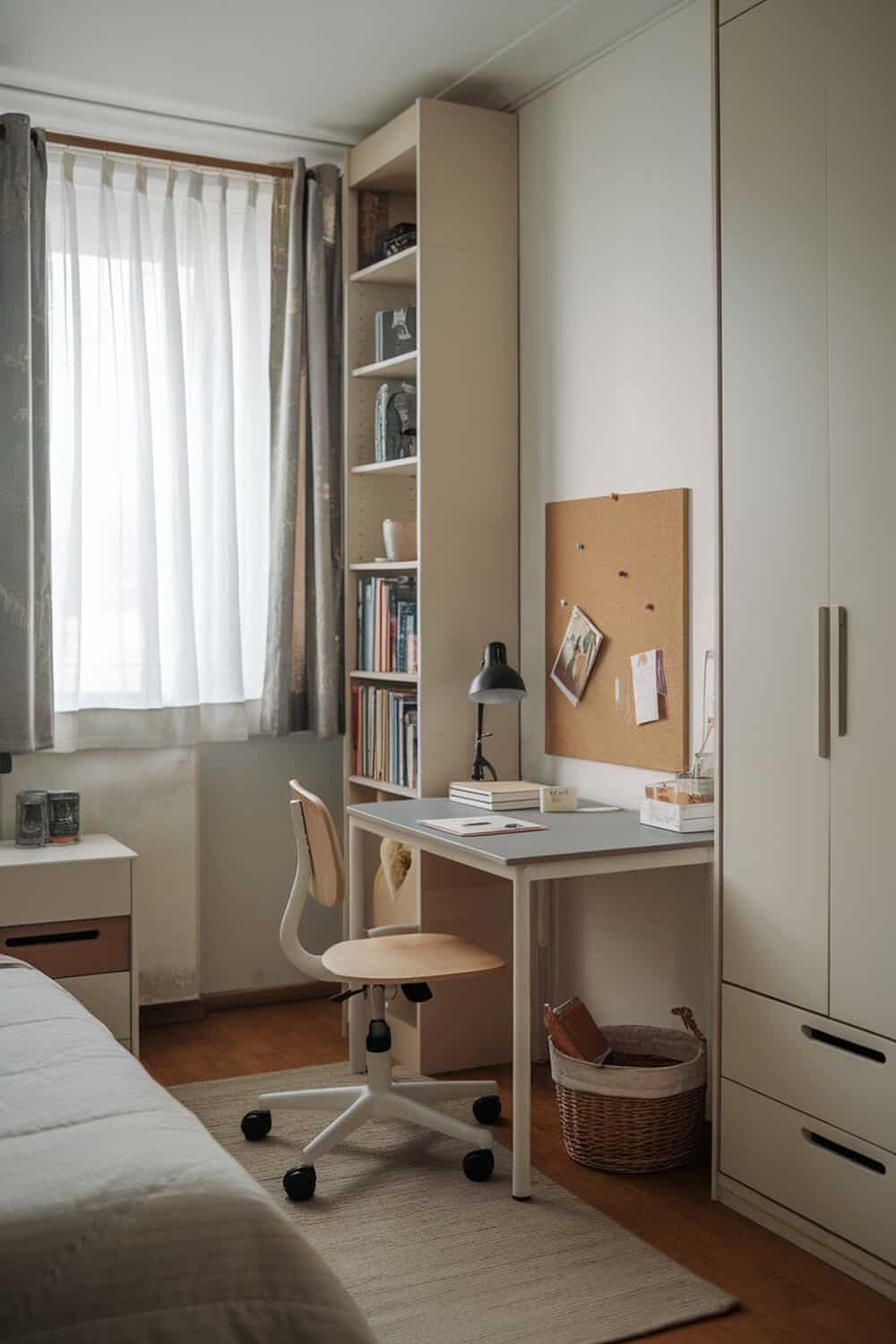 A small bedroom with a study zone featuring a desk, chair, and organized shelves.