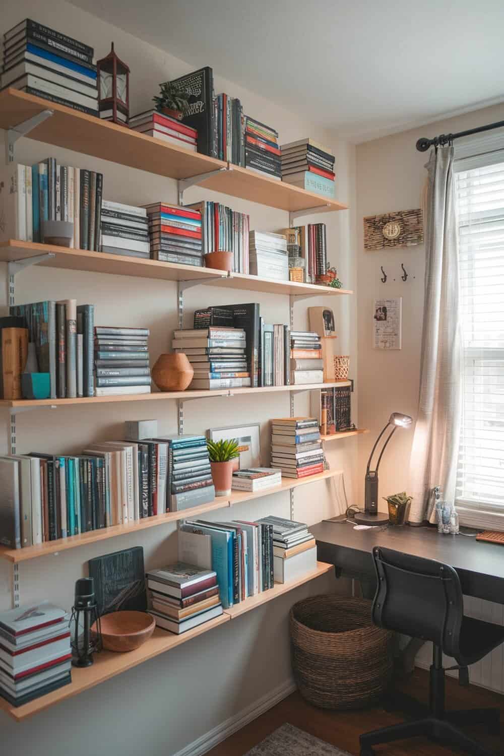 A well-organized bedroom shelf with books, plants, and decorative items.