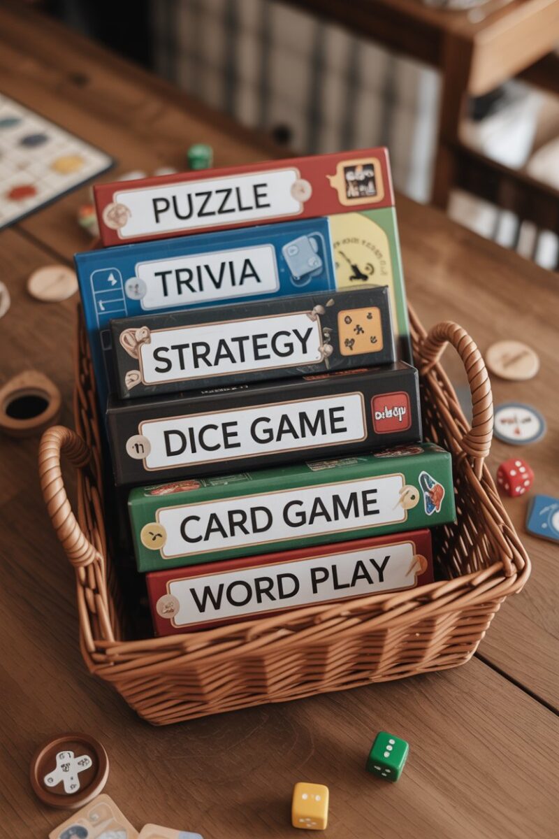 A basket filled with board games and game pieces on a wooden table.