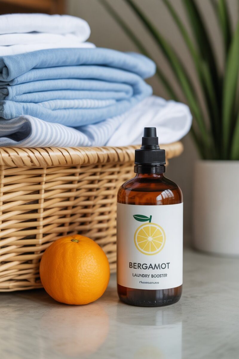 A basket of laundry with a bottle of Bergamot laundry booster and an orange on a table.